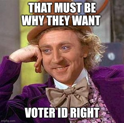 Creepy Condescending Wonka Meme | THAT MUST BE WHY THEY WANT VOTER ID RIGHT | image tagged in memes,creepy condescending wonka | made w/ Imgflip meme maker