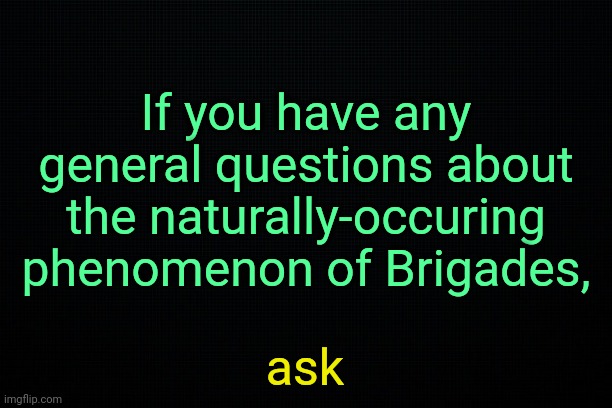 . | If you have any general questions about the naturally-occuring phenomenon of Brigades, ask | image tagged in the black | made w/ Imgflip meme maker