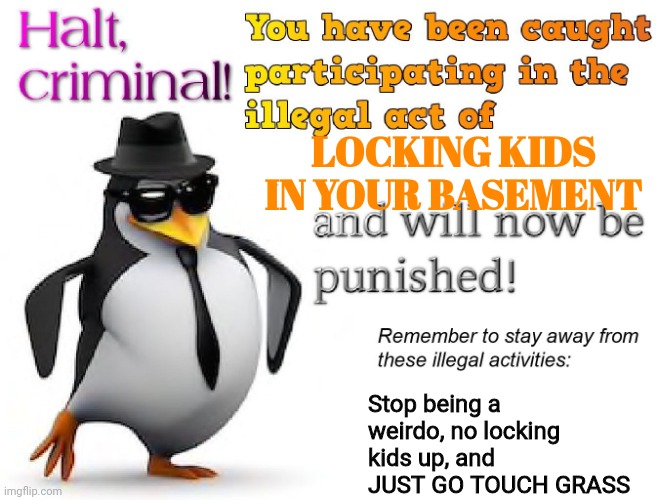 halt criminal! | LOCKING KIDS IN YOUR BASEMENT Stop being a weirdo, no locking kids up, and JUST GO TOUCH GRASS | image tagged in halt criminal | made w/ Imgflip meme maker