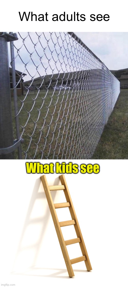 Meme #1,904 | What adults see; What kids see | image tagged in memes,what adults see what kids see,kids,adults,fence,ladder | made w/ Imgflip meme maker
