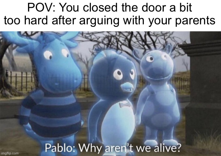 IT WAS AN ACCIDENT I SWEAR | POV: You closed the door a bit too hard after arguing with your parents | image tagged in pablo why aren't we alive,memes,parents,funny,death,arguing | made w/ Imgflip meme maker