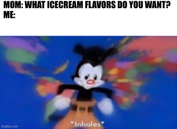 Yakko inhale | MOM: WHAT ICECREAM FLAVORS DO YOU WANT? 
ME: | image tagged in yakko inhale,childhood | made w/ Imgflip meme maker