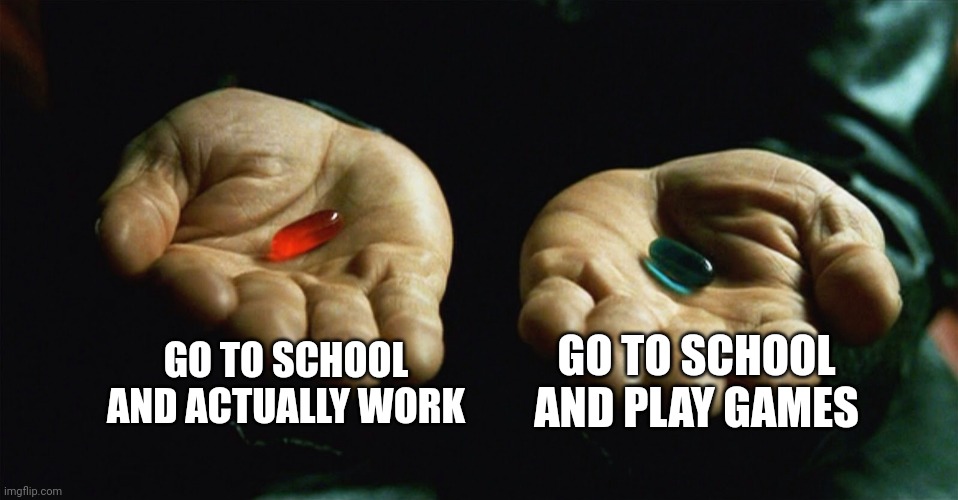 what would you choose?  say it in comments | GO TO SCHOOL AND ACTUALLY WORK; GO TO SCHOOL AND PLAY GAMES | image tagged in red pill blue pill,school | made w/ Imgflip meme maker