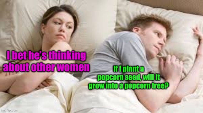 Meme #1,909 | I bet he’s thinking about other women; If I plant a popcorn seed, will it grow into a popcorn tree? | image tagged in i bet he's thinking about another woman,memes,popcorn,deep thoughts,funny,seeds | made w/ Imgflip meme maker