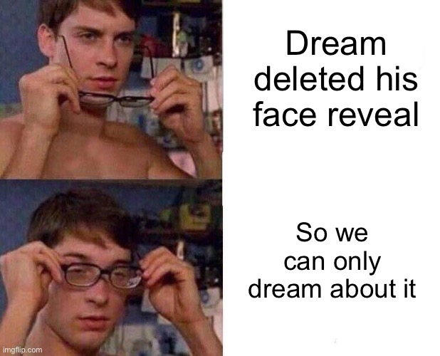 Meme #1,910 | Dream deleted his face reveal; So we can only dream about it | image tagged in spiderman glasses,memes,dream,puns,minecraft,face reveal | made w/ Imgflip meme maker