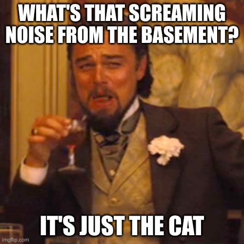 Laughing Leo | WHAT'S THAT SCREAMING NOISE FROM THE BASEMENT? IT'S JUST THE CAT | image tagged in memes,laughing leo | made w/ Imgflip meme maker