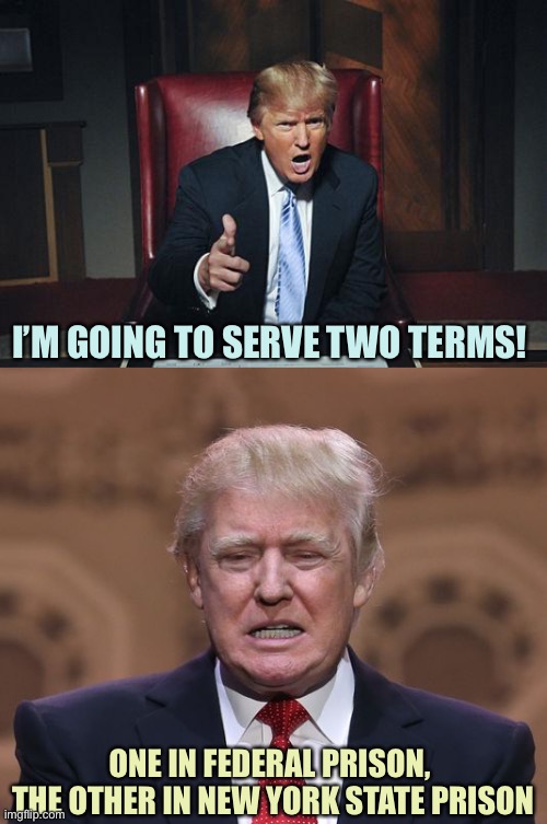 ICU behind bars | I’M GOING TO SERVE TWO TERMS! ONE IN FEDERAL PRISON, 
THE OTHER IN NEW YORK STATE PRISON | image tagged in donald trump you're fired,donald trump,memes | made w/ Imgflip meme maker