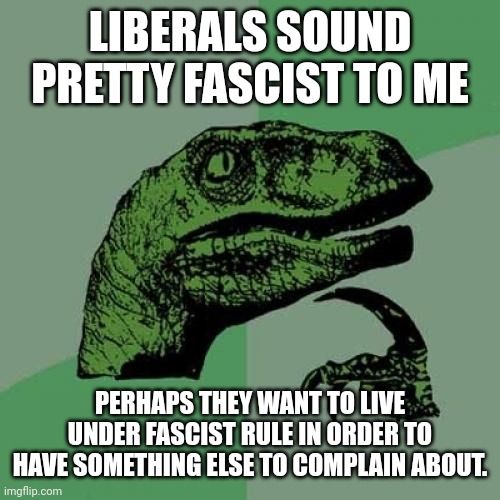Philosoraptor Meme | LIBERALS SOUND PRETTY FASCIST TO ME PERHAPS THEY WANT TO LIVE UNDER FASCIST RULE IN ORDER TO HAVE SOMETHING ELSE TO COMPLAIN ABOUT. | image tagged in memes,philosoraptor | made w/ Imgflip meme maker