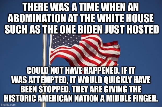 US Flag | THERE WAS A TIME WHEN AN ABOMINATION AT THE WHITE HOUSE  SUCH AS THE ONE BIDEN JUST HOSTED; COULD NOT HAVE HAPPENED. IF IT WAS ATTEMPTED, IT WOULD QUICKLY HAVE BEEN STOPPED. THEY ARE GIVING THE HISTORIC AMERICAN NATION A MIDDLE FINGER. | image tagged in us flag | made w/ Imgflip meme maker