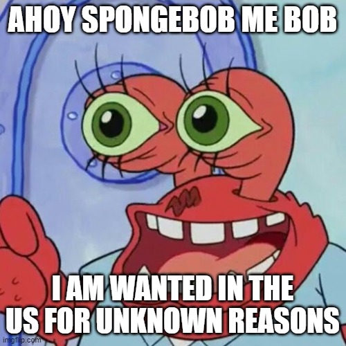 finally a place that wants me... dead | AHOY SPONGEBOB ME BOB; I AM WANTED IN THE US FOR UNKNOWN REASONS | image tagged in ahoy spongebob | made w/ Imgflip meme maker