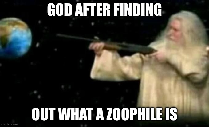 Death to Zoophiles | GOD AFTER FINDING; OUT WHAT A ZOOPHILE IS | image tagged in god pointing gun at earth | made w/ Imgflip meme maker