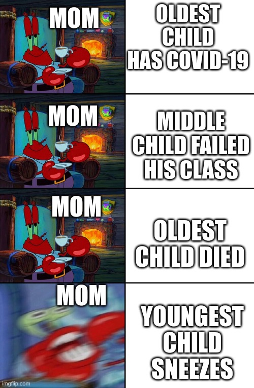 Image Title | MOM; OLDEST CHILD HAS COVID-19; MOM; MIDDLE CHILD FAILED HIS CLASS; MOM; OLDEST CHILD DIED; MOM; YOUNGEST CHILD SNEEZES | image tagged in shocked mr krabs,mom,covid-19,failed,died | made w/ Imgflip meme maker