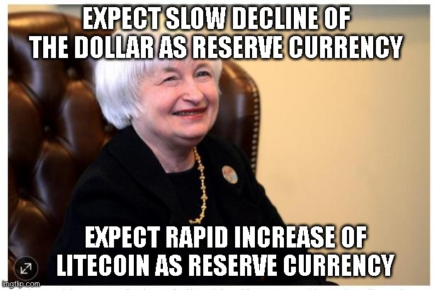 yellen | EXPECT SLOW DECLINE OF THE DOLLAR AS RESERVE CURRENCY; EXPECT RAPID INCREASE OF LITECOIN AS RESERVE CURRENCY | image tagged in janet yellen,bitcoin,crypto,cryptocurrency | made w/ Imgflip meme maker