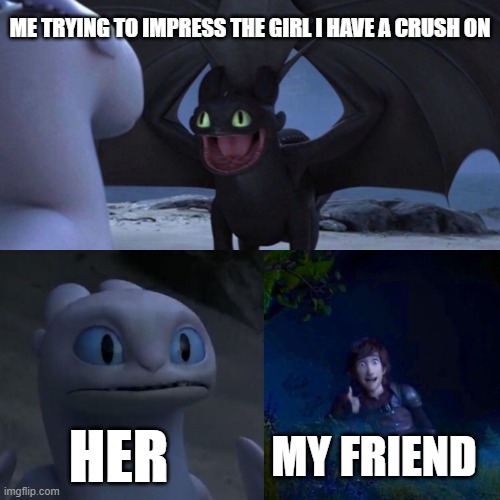 night fury | ME TRYING TO IMPRESS THE GIRL I HAVE A CRUSH ON; HER; MY FRIEND | image tagged in night fury | made w/ Imgflip meme maker
