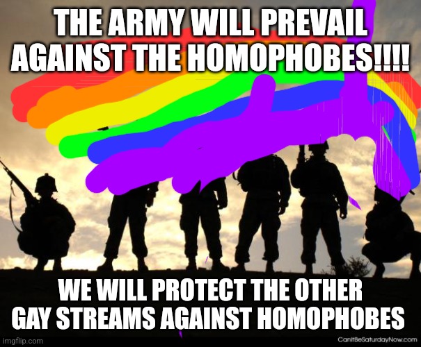 I feel this meme formate fits here | THE ARMY WILL PREVAIL AGAINST THE HOMOPHOBES!!!! WE WILL PROTECT THE OTHER GAY STREAMS AGAINST HOMOPHOBES | image tagged in army | made w/ Imgflip meme maker