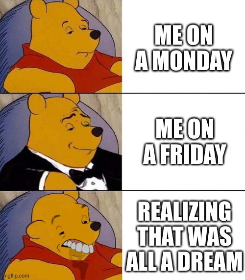 Best,Better, Blurst | ME ON A MONDAY; ME ON A FRIDAY; REALIZING THAT WAS ALL A DREAM | image tagged in best better blurst | made w/ Imgflip meme maker