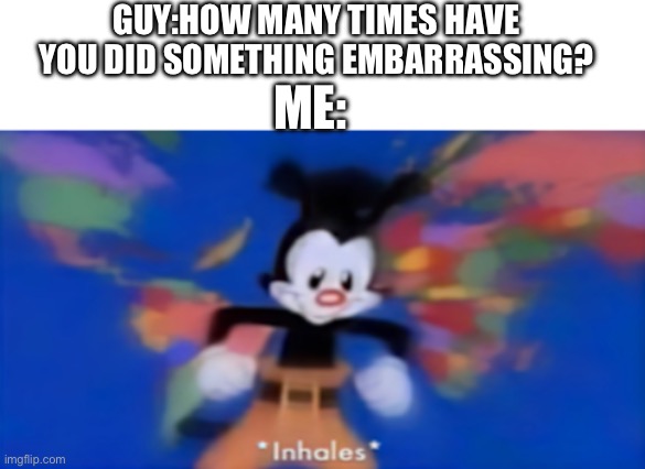 certified bruh moment | GUY:HOW MANY TIMES HAVE YOU DID SOMETHING EMBARRASSING? ME: | image tagged in yakko inhale,inhales,i give up | made w/ Imgflip meme maker