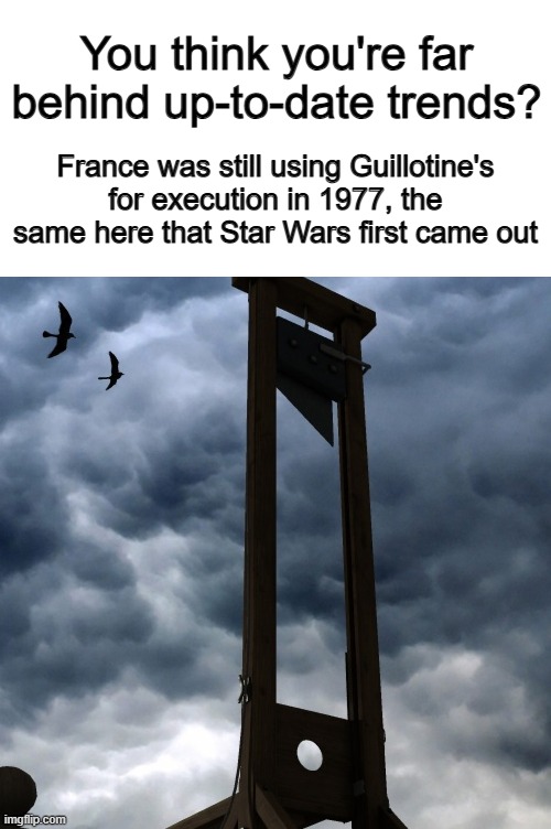 They stopped using the Guillotine in 1981... That was only 41 years ago :O | You think you're far behind up-to-date trends? France was still using Guillotine's for execution in 1977, the same here that Star Wars first came out | made w/ Imgflip meme maker