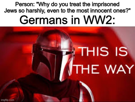 Such a dark time in history T-T | Person: "Why do you treat the imprisoned Jews so harshly, even to the most innocent ones?"; Germans in WW2: | image tagged in this is the way | made w/ Imgflip meme maker