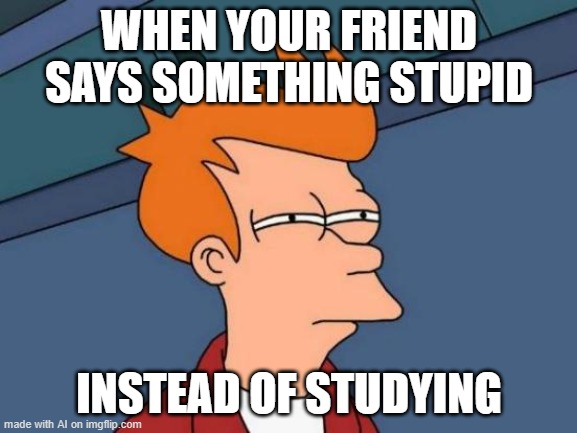 Futurama Fry Meme | WHEN YOUR FRIEND SAYS SOMETHING STUPID; INSTEAD OF STUDYING | image tagged in memes,futurama fry | made w/ Imgflip meme maker
