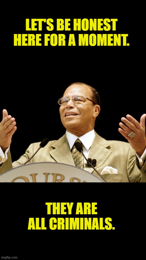 Nice Farrakhan  | LET'S BE HONEST HERE FOR A MOMENT. THEY ARE ALL CRIMINALS. | image tagged in nice farrakhan | made w/ Imgflip meme maker