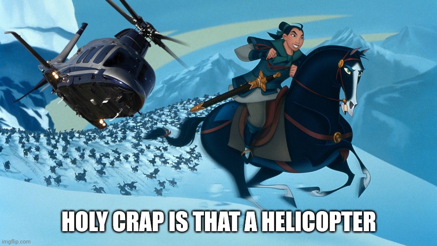 Mulan versus a helicopter | HOLY CRAP IS THAT A HELICOPTER | image tagged in helicopter | made w/ Imgflip meme maker