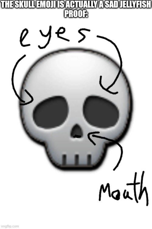 You can't unsee it :] | THE SKULL EMOJI IS ACTUALLY A SAD JELLYFISH
PROOF:; 💀 | image tagged in skull,jellyfish,sad,emoji,unsee,can't unsee | made w/ Imgflip meme maker
