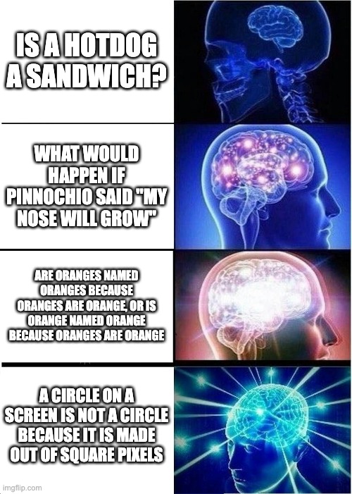 The pioneers of shower thoughts | IS A HOTDOG A SANDWICH? WHAT WOULD HAPPEN IF PINNOCHIO SAID "MY NOSE WILL GROW"; ARE ORANGES NAMED ORANGES BECAUSE ORANGES ARE ORANGE, OR IS ORANGE NAMED ORANGE BECAUSE ORANGES ARE ORANGE; A CIRCLE ON A SCREEN IS NOT A CIRCLE BECAUSE IT IS MADE OUT OF SQUARE PIXELS | image tagged in memes,expanding brain | made w/ Imgflip meme maker