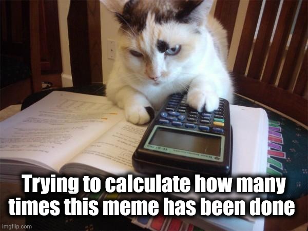Math cat | Trying to calculate how many times this meme has been done | image tagged in math cat | made w/ Imgflip meme maker