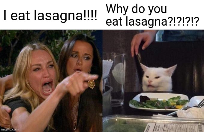 Why do you eat lasagna?!?!?!?!? | I eat lasagna!!!! Why do you eat lasagna?!?!?!? | image tagged in memes,woman yelling at cat | made w/ Imgflip meme maker