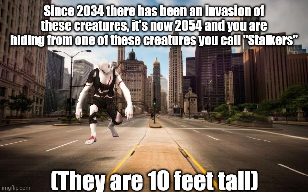 The Stalkers | Since 2034 there has been an invasion of these creatures, it's now 2054 and you are hiding from one of these creatures you call "Stalkers"; (They are 10 feet tall) | image tagged in empty streets | made w/ Imgflip meme maker