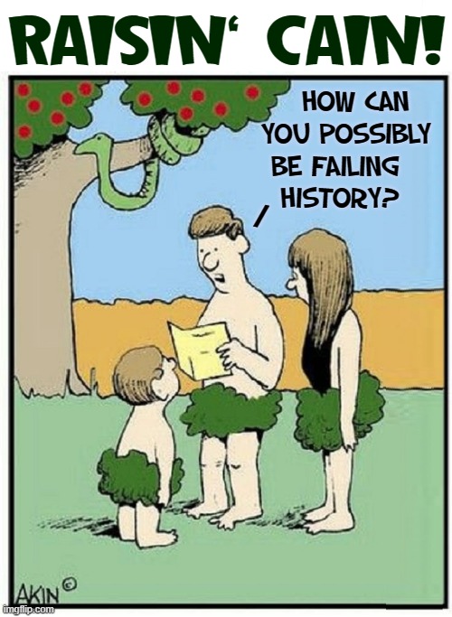 In the Beginning... there were report cards | RAISIN' CAIN! HOW CAN
  YOU POSSIBLY 
BE FAILING 
HISTORY? / | image tagged in vince vance,adam and eve,garden of eden,memes,comics/cartoons,genesis 1 | made w/ Imgflip meme maker