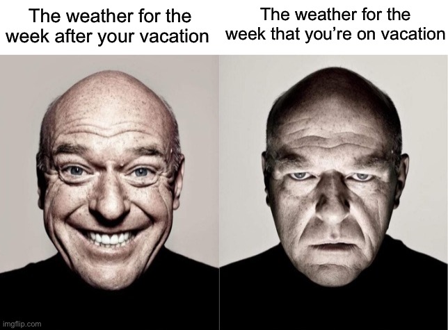 This is so annoying | The weather for the week after your vacation; The weather for the week that you’re on vacation | image tagged in memes,funny,true story,relatable memes,summer,vacation | made w/ Imgflip meme maker