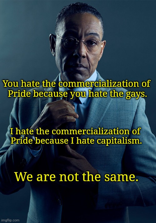 Gus Fring we are not the same | You hate the commercialization of
 Pride because you hate the gays. I hate the commercialization of 
Pride because I hate capitalism. We are not the same. | image tagged in gus fring we are not the same | made w/ Imgflip meme maker