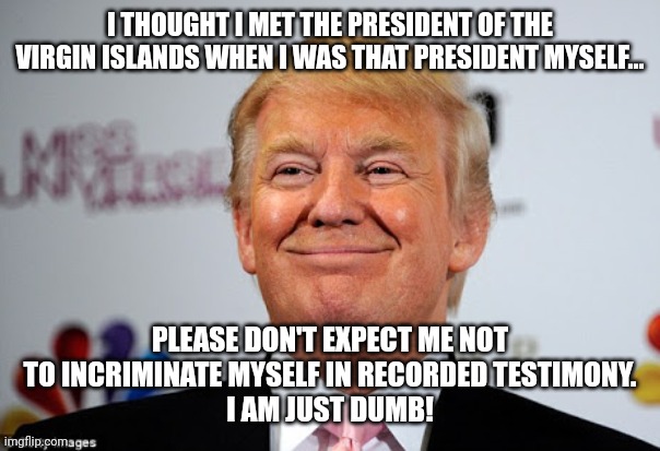 Trumpy dumby | I THOUGHT I MET THE PRESIDENT OF THE VIRGIN ISLANDS WHEN I WAS THAT PRESIDENT MYSELF... PLEASE DON'T EXPECT ME NOT TO INCRIMINATE MYSELF IN RECORDED TESTIMONY.
I AM JUST DUMB! | image tagged in donald trump,conservative,republican,trump supporter,democrat,liberal | made w/ Imgflip meme maker