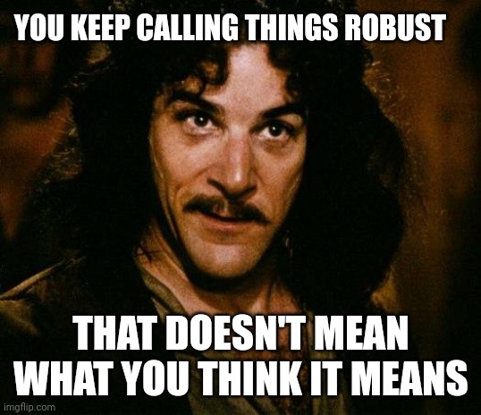 It's not robust! | YOU KEEP CALLING THINGS ROBUST; THAT DOESN'T MEAN WHAT YOU THINK IT MEANS | image tagged in memes,inigo montoya | made w/ Imgflip meme maker