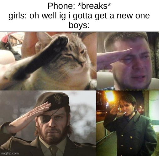 *salutes* | Phone: *breaks*
girls: oh well ig i gotta get a new one
boys: | image tagged in ozon's salute,boys vs girls | made w/ Imgflip meme maker