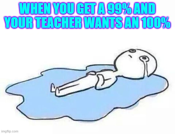 Person Crying | WHEN YOU GET A 99% AND YOUR TEACHER WANTS AN 100% | image tagged in person crying | made w/ Imgflip meme maker