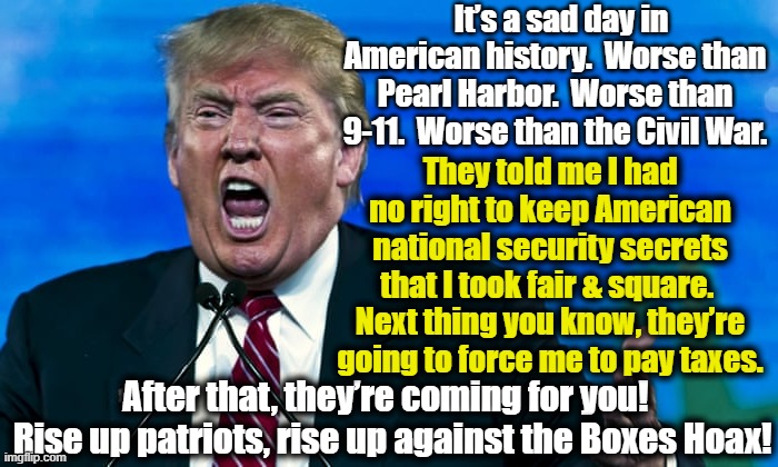T-Rump & the Boxes Hoax | It’s a sad day in American history.  Worse than Pearl Harbor.  Worse than 9-11.  Worse than the Civil War. They told me I had no right to keep American national security secrets that I took fair & square.  Next thing you know, they’re going to force me to pay taxes. After that, they’re coming for you!   Rise up patriots, rise up against the Boxes Hoax! | image tagged in trump rage,donald trump,maga,right wing,it's a conspiracy,donald trump approves | made w/ Imgflip meme maker
