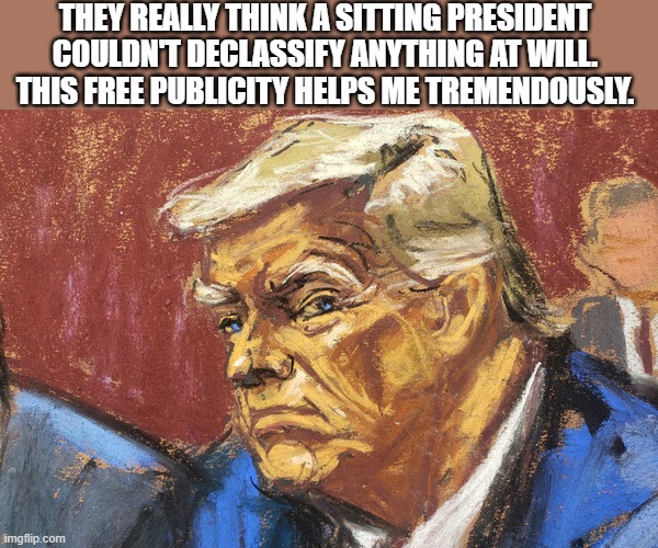 Trump based | THEY REALLY THINK A SITTING PRESIDENT COULDN'T DECLASSIFY ANYTHING AT WILL.  THIS FREE PUBLICITY HELPS ME TREMENDOUSLY. | image tagged in trump sketch,trump | made w/ Imgflip meme maker