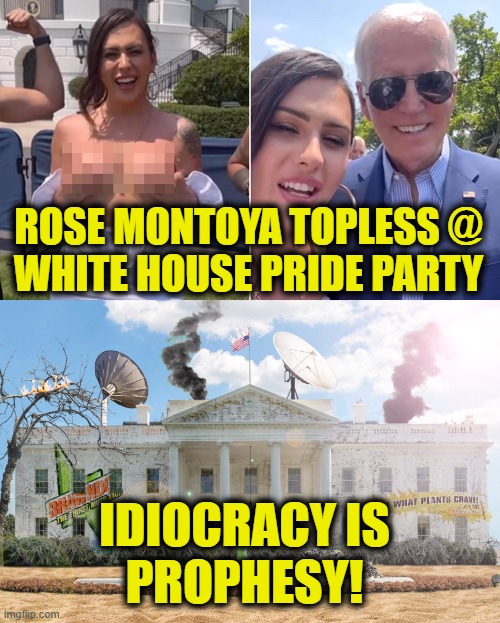 Brandan Has What Idiots Crave | ROSE MONTOYA TOPLESS @
WHITE HOUSE PRIDE PARTY; IDIOCRACY IS
PROPHESY! | image tagged in white house | made w/ Imgflip meme maker