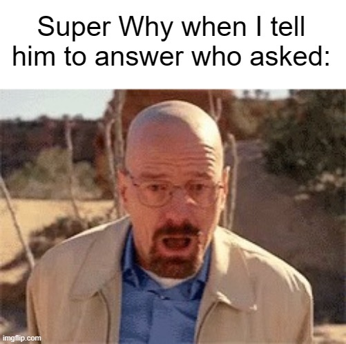 Super why and the quest for who asked | Super Why when I tell him to answer who asked: | image tagged in walter white,super why,who asked | made w/ Imgflip meme maker