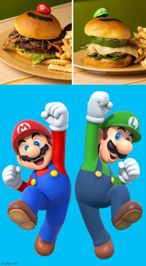 Mario burger, Luigi burger | image tagged in mario and luigi,burger,burgers,memes,nintendo,nintendo food | made w/ Imgflip meme maker