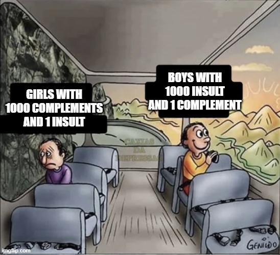 two guys on a bus | BOYS WITH 1000 INSULT AND 1 COMPLEMENT; GIRLS WITH 1000 COMPLEMENTS AND 1 INSULT | image tagged in two guys on a bus | made w/ Imgflip meme maker