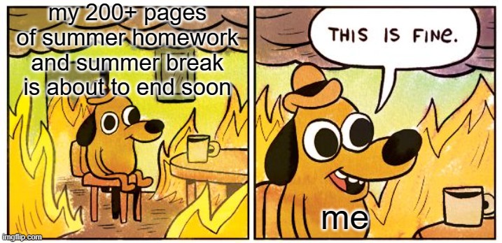 This Is Fine | my 200+ pages of summer homework and summer break is about to end soon; me | image tagged in memes,this is fine | made w/ Imgflip meme maker