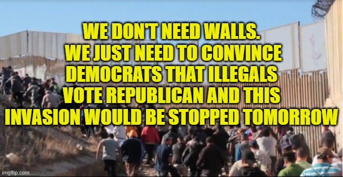 We don't need walls. We just need to convince Democrats that illegals vote Republican & this invasion would stop now | WE DON'T NEED WALLS.  WE JUST NEED TO CONVINCE DEMOCRATS THAT ILLEGALS VOTE REPUBLICAN AND THIS INVASION WOULD BE STOPPED TOMORROW | image tagged in illegal immigrants,political meme,democrat lunacy,open borders,democrat voters,vote republican | made w/ Imgflip meme maker