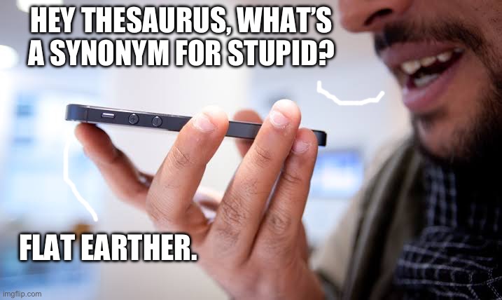 HEY THESAURUS, WHAT’S A SYNONYM FOR STUPID? FLAT EARTHER. | image tagged in man asking question | made w/ Imgflip meme maker