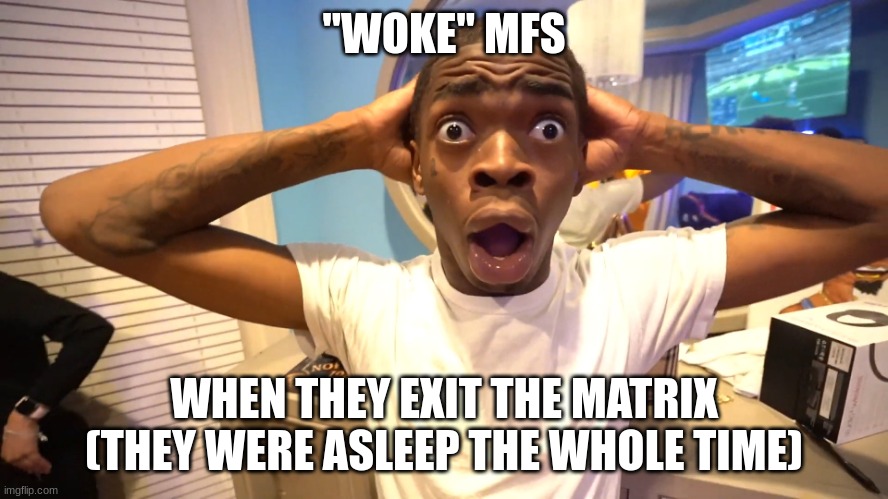 Suprised Black Man | "WOKE" MFS WHEN THEY EXIT THE MATRIX (THEY WERE ASLEEP THE WHOLE TIME) | image tagged in suprised black man | made w/ Imgflip meme maker
