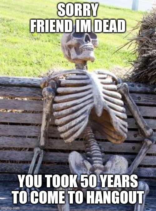 Sorry Friends Im Dead Meme | SORRY FRIEND IM DEAD; YOU TOOK 50 YEARS TO COME TO HANGOUT | image tagged in memes,waiting skeleton | made w/ Imgflip meme maker