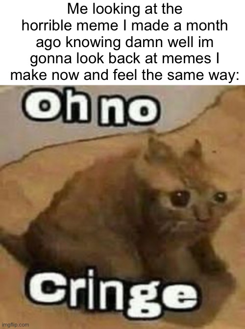 Oh nO CriNgE | Me looking at the horrible meme I made a month ago knowing damn well im gonna look back at memes I make now and feel the same way: | image tagged in oh no cringe | made w/ Imgflip meme maker